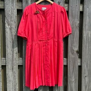 Vintage Coral Button-Up Dress with Pleated Skirt